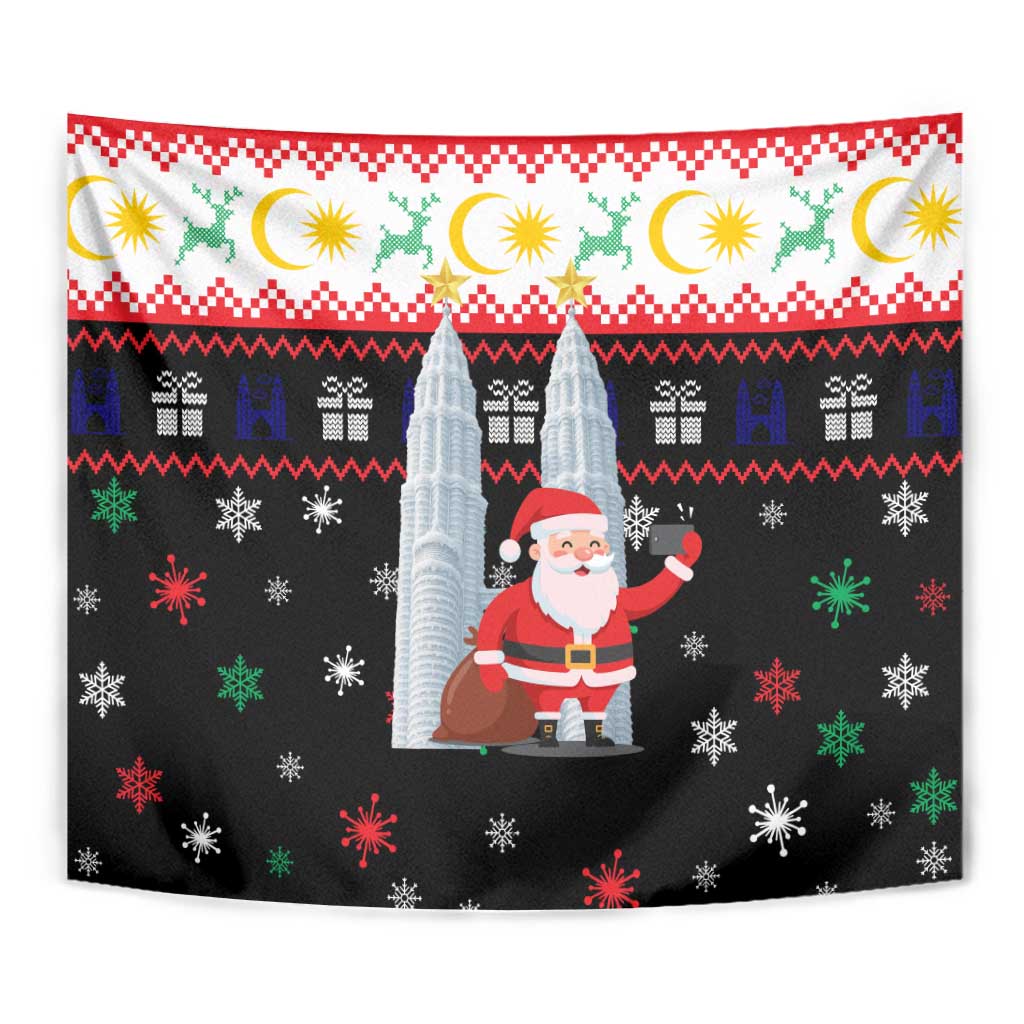Malaysia Christmas Tapestry with Santa Claus Petronas Towers Snowflakes and Festive Icons - Wonder Print Shop