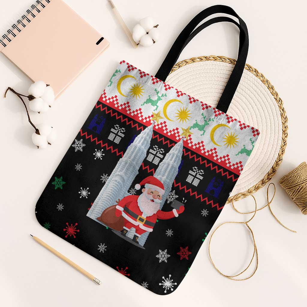 Malaysia Christmas Tote Bag with Santa Claus Petronas Towers Snowflakes and Festive Icons - Wonder Print Shop