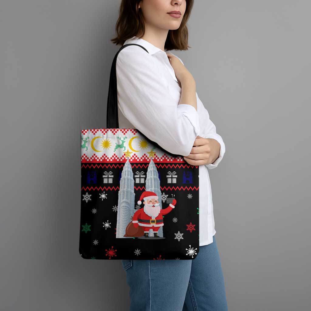Malaysia Christmas Tote Bag with Santa Claus Petronas Towers Snowflakes and Festive Icons - Wonder Print Shop