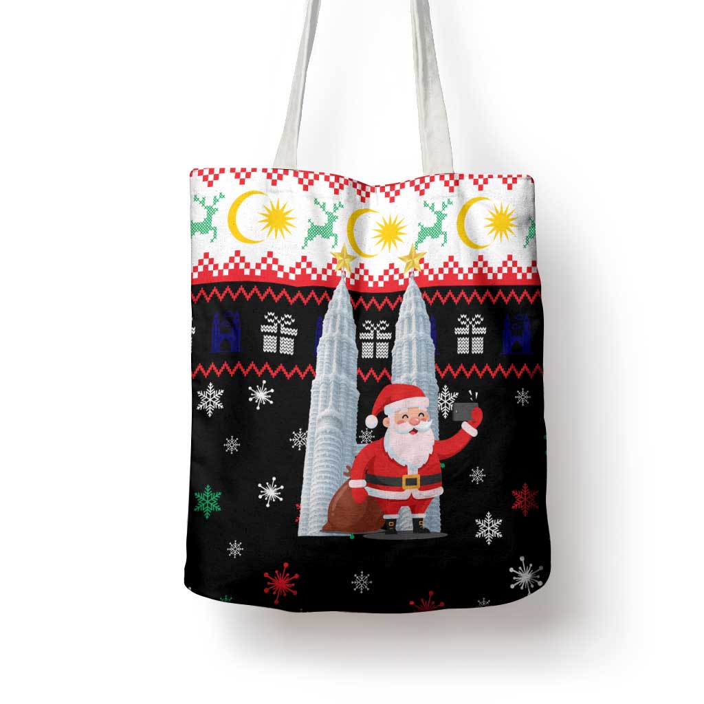 Malaysia Christmas Tote Bag with Santa Claus Petronas Towers Snowflakes and Festive Icons - Wonder Print Shop