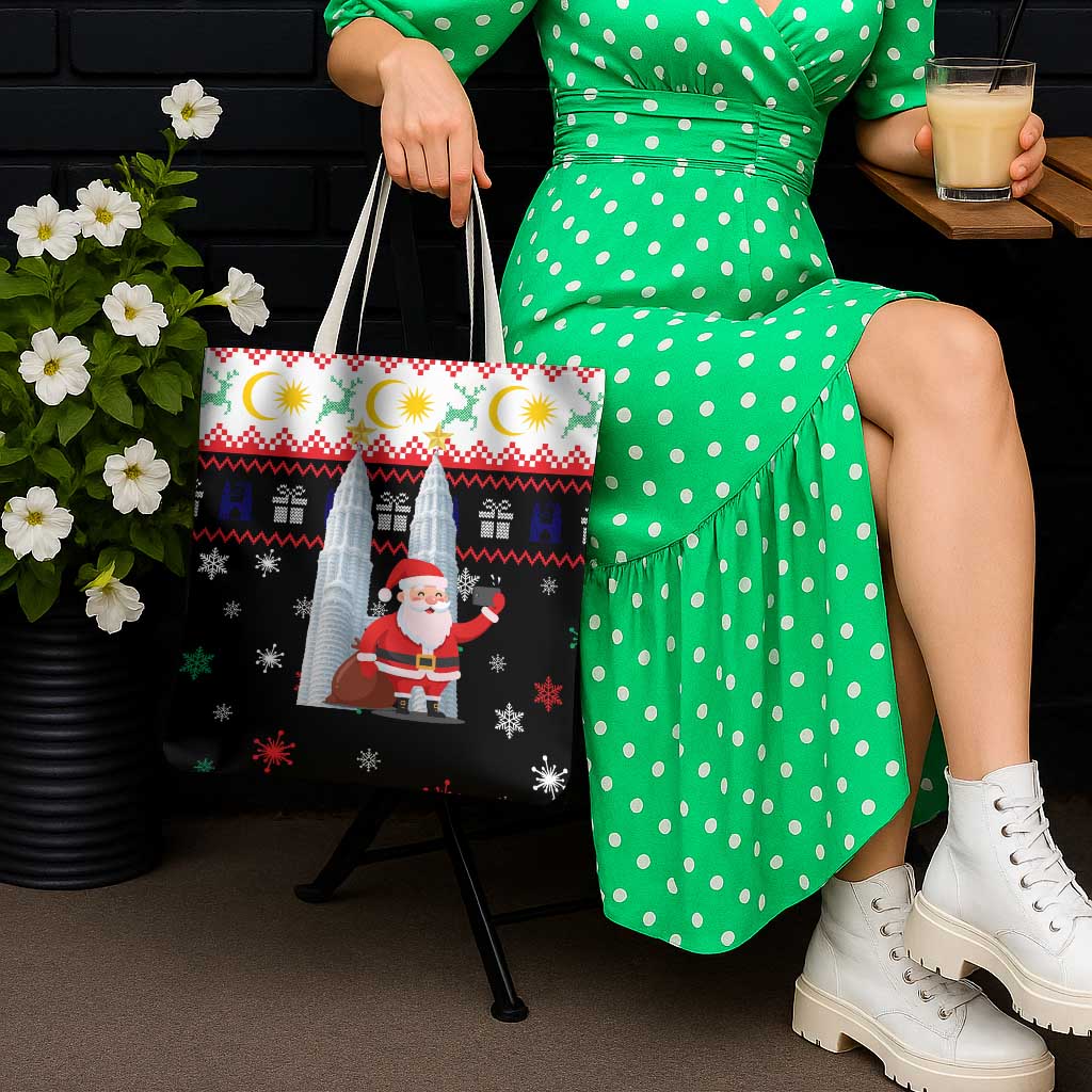 Malaysia Christmas Tote Bag with Santa Claus Petronas Towers Snowflakes and Festive Icons - Wonder Print Shop