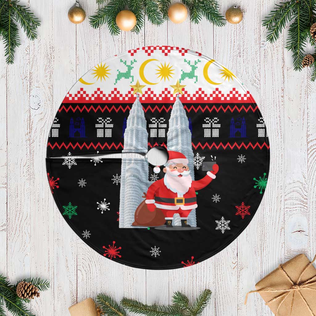 Malaysia Christmas Tree Skirt with Santa Claus Petronas Towers Snowflakes and Festive Icons - Wonder Print Shop
