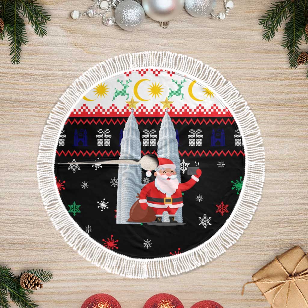 Malaysia Christmas Tree Skirt with Santa Claus Petronas Towers Snowflakes and Festive Icons - Wonder Print Shop