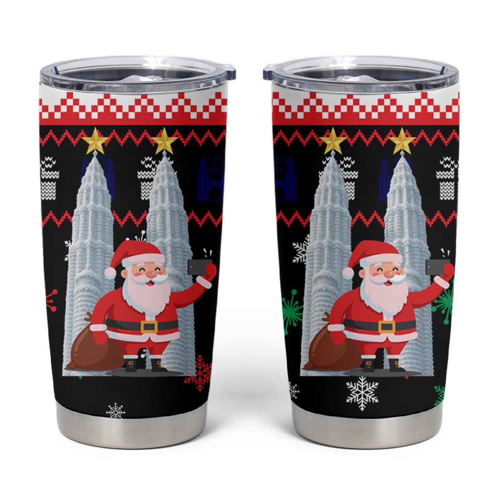 Malaysia Christmas Tumbler Cup with Santa Claus Petronas Towers Snowflakes and Festive Icons - Wonder Print Shop