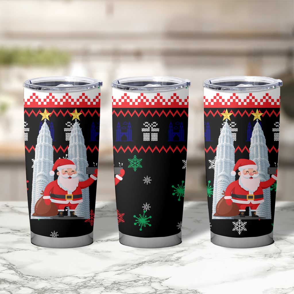 Malaysia Christmas Tumbler Cup with Santa Claus Petronas Towers Snowflakes and Festive Icons - Wonder Print Shop