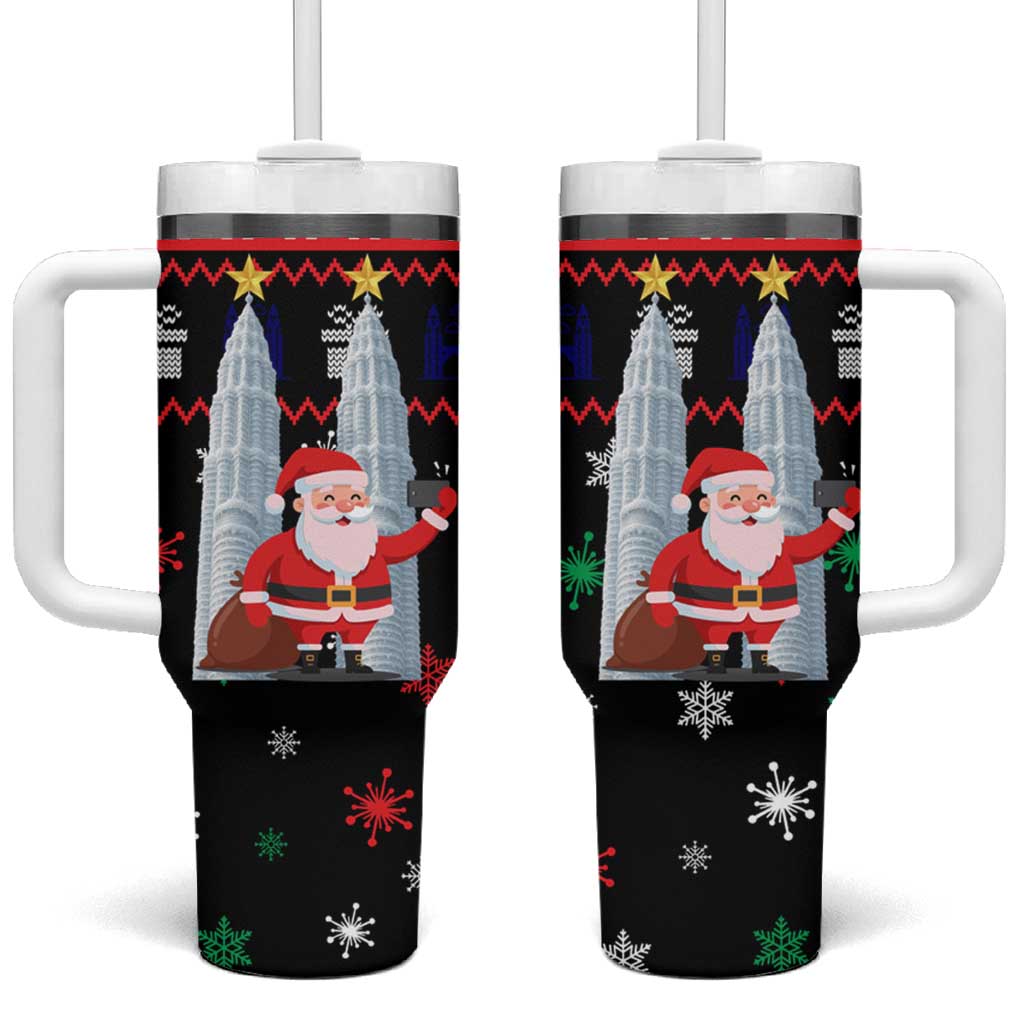 Malaysia Christmas Tumbler With Handle with Santa Claus Petronas Towers Snowflakes and Festive Icons - Wonder Print Shop