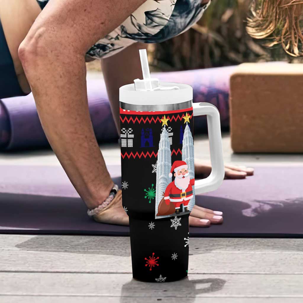 Malaysia Christmas Tumbler With Handle with Santa Claus Petronas Towers Snowflakes and Festive Icons - Wonder Print Shop