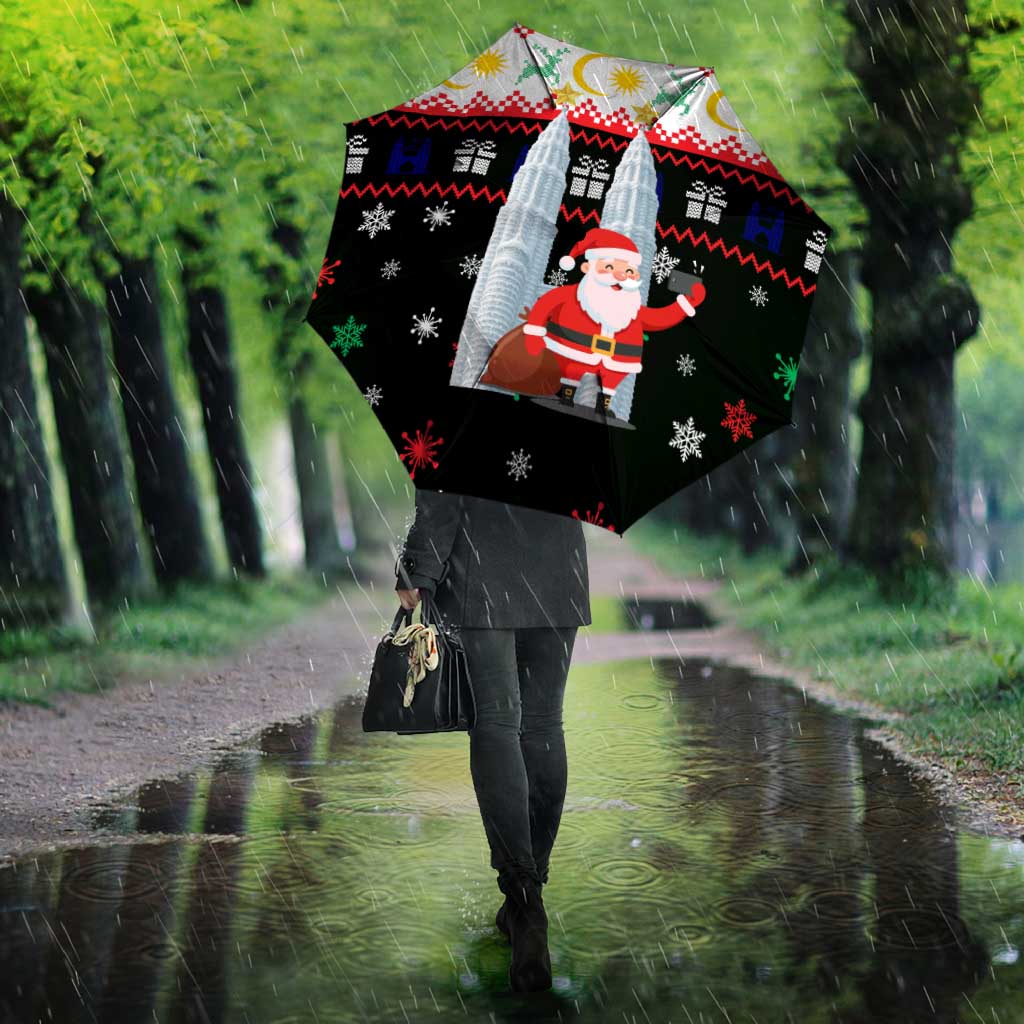 Malaysia Christmas Umbrella with Santa Claus Petronas Towers Snowflakes and Festive Icons - Wonder Print Shop