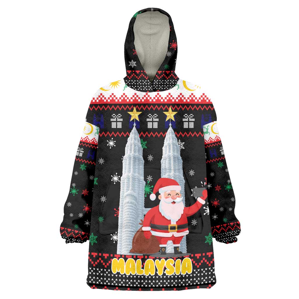 Malaysia Christmas Wearable Blanket Hoodie with Santa Claus Petronas Towers Snowflakes and Festive Icons - Wonder Print Shop
