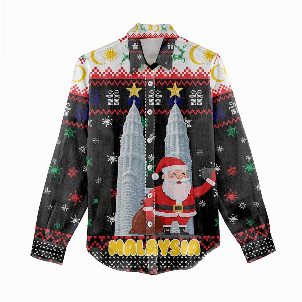 Malaysia Christmas Women Casual Shirt with Santa Claus Petronas Towers Snowflakes and Festive Icons - Wonder Print Shop