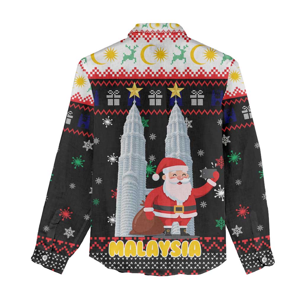 Malaysia Christmas Women Casual Shirt with Santa Claus Petronas Towers Snowflakes and Festive Icons - Wonder Print Shop