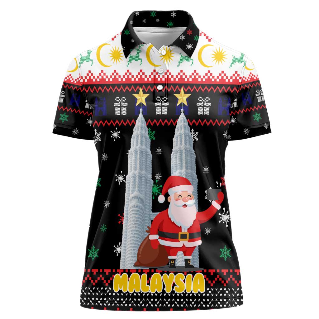 Malaysia Christmas Women Polo Shirt with Santa Claus Petronas Towers Snowflakes and Festive Icons - Wonder Print Shop