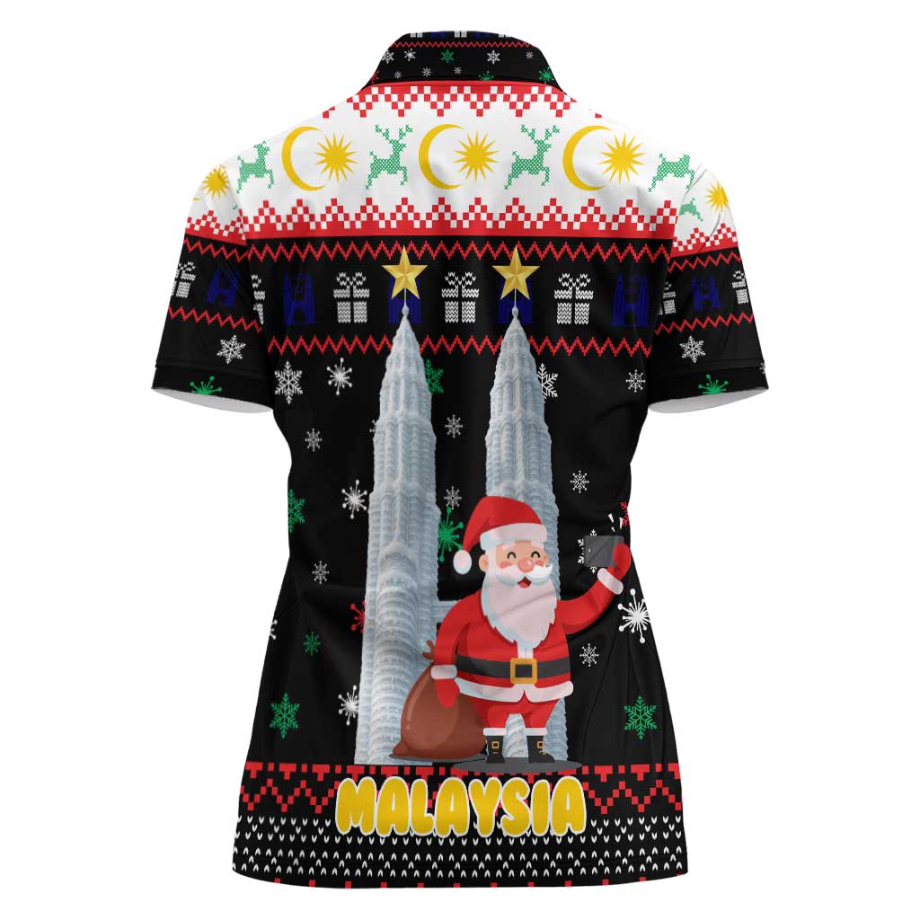Malaysia Christmas Women Polo Shirt with Santa Claus Petronas Towers Snowflakes and Festive Icons - Wonder Print Shop