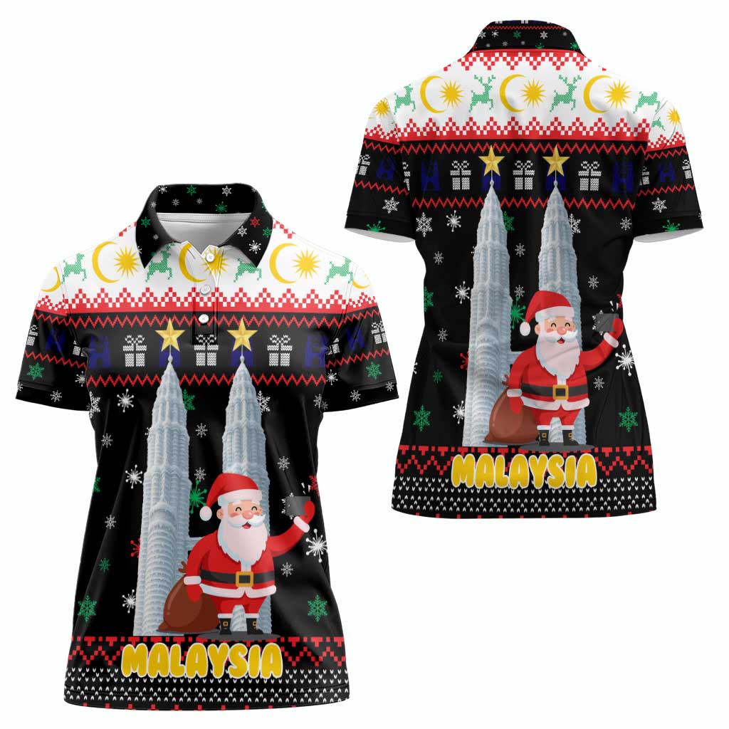 Malaysia Christmas Women Polo Shirt with Santa Claus Petronas Towers Snowflakes and Festive Icons - Wonder Print Shop