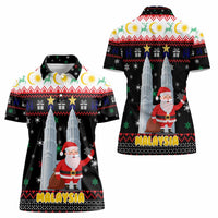 Malaysia Christmas Women Polo Shirt with Santa Claus Petronas Towers Snowflakes and Festive Icons - Wonder Print Shop