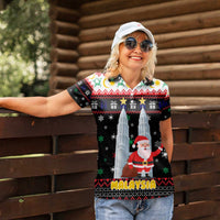 Malaysia Christmas Women Polo Shirt with Santa Claus Petronas Towers Snowflakes and Festive Icons - Wonder Print Shop