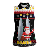 Malaysia Christmas Women Sleeveless Polo Shirt with Santa Claus Petronas Towers Snowflakes and Festive Icons - Wonder Print Shop