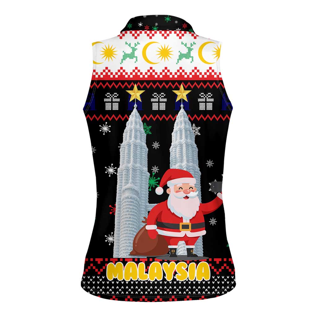 Malaysia Christmas Women Sleeveless Polo Shirt with Santa Claus Petronas Towers Snowflakes and Festive Icons - Wonder Print Shop