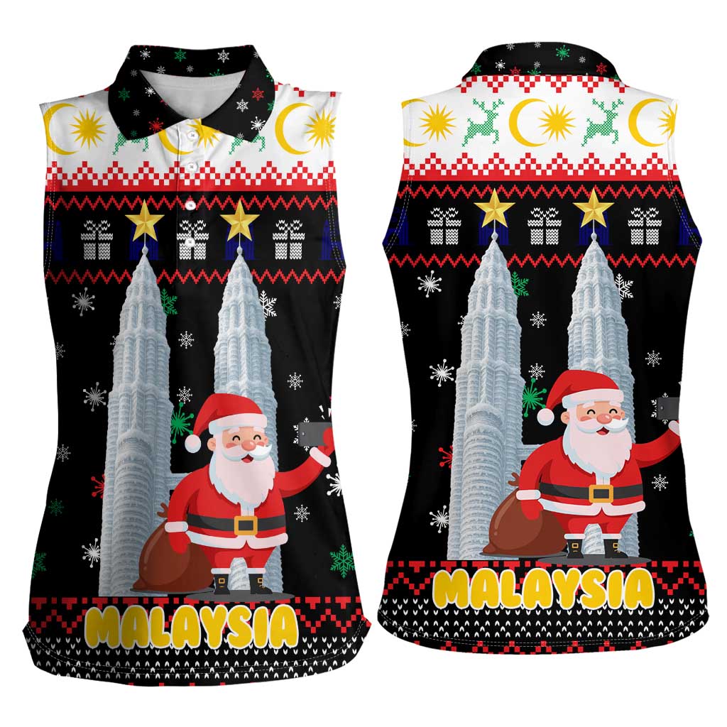 Malaysia Christmas Women Sleeveless Polo Shirt with Santa Claus Petronas Towers Snowflakes and Festive Icons - Wonder Print Shop
