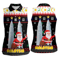 Malaysia Christmas Women Sleeveless Polo Shirt with Santa Claus Petronas Towers Snowflakes and Festive Icons - Wonder Print Shop