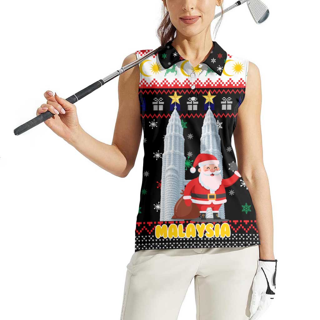 Malaysia Christmas Women Sleeveless Polo Shirt with Santa Claus Petronas Towers Snowflakes and Festive Icons - Wonder Print Shop