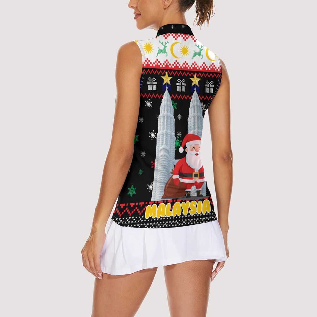 Malaysia Christmas Women Sleeveless Polo Shirt with Santa Claus Petronas Towers Snowflakes and Festive Icons - Wonder Print Shop