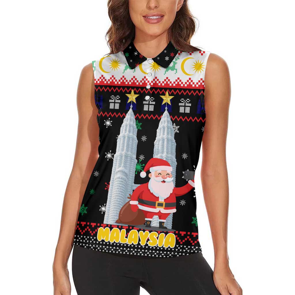 Malaysia Christmas Women Sleeveless Polo Shirt with Santa Claus Petronas Towers Snowflakes and Festive Icons - Wonder Print Shop