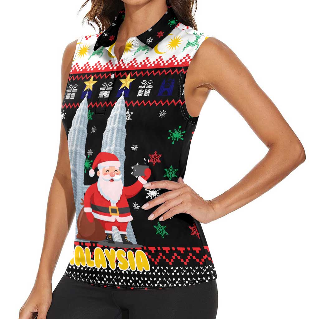 Malaysia Christmas Women Sleeveless Polo Shirt with Santa Claus Petronas Towers Snowflakes and Festive Icons - Wonder Print Shop