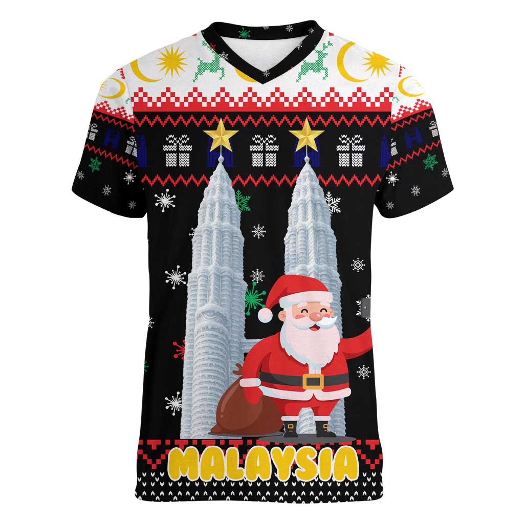 Malaysia Christmas Women V-Neck T-Shirt with Santa Claus Petronas Towers Snowflakes and Festive Icons - Wonder Print Shop