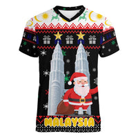 Malaysia Christmas Women V-Neck T-Shirt with Santa Claus Petronas Towers Snowflakes and Festive Icons - Wonder Print Shop