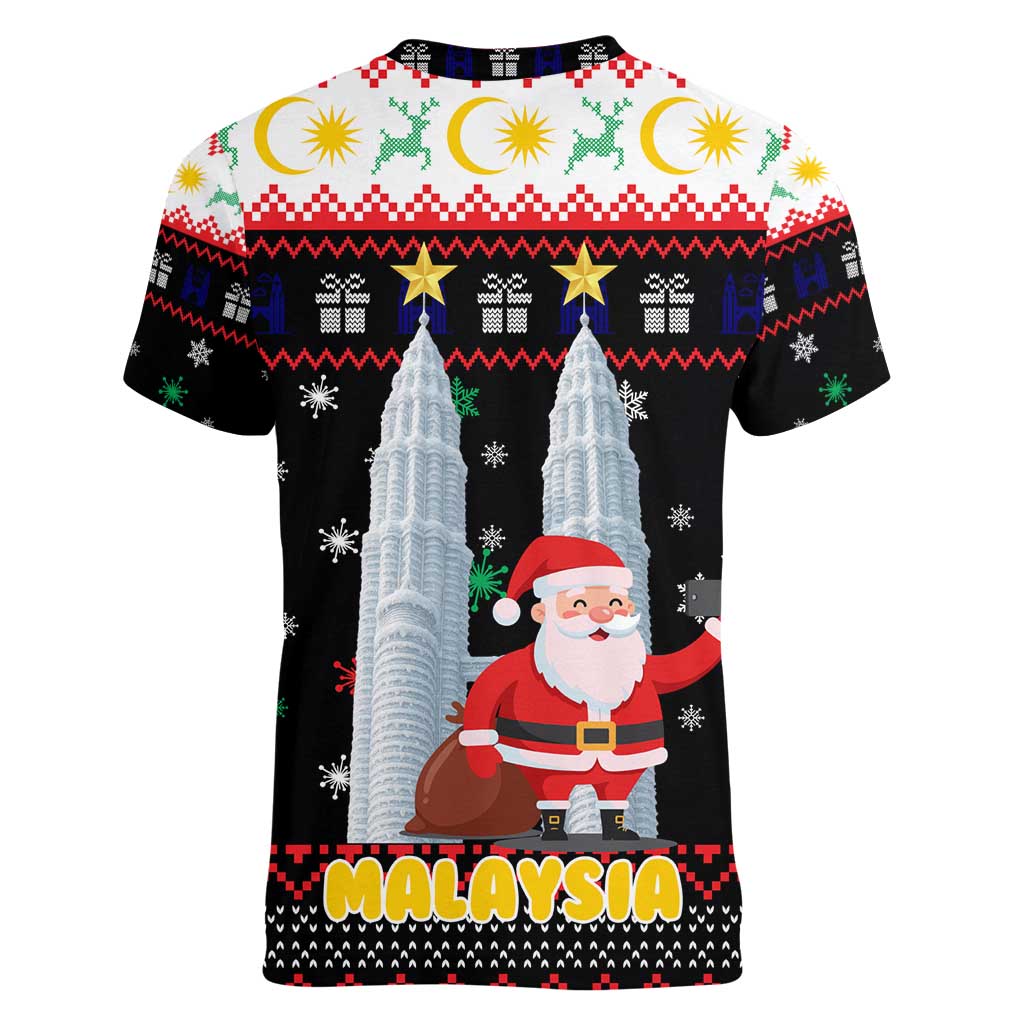 Malaysia Christmas Women V-Neck T-Shirt with Santa Claus Petronas Towers Snowflakes and Festive Icons - Wonder Print Shop