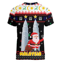 Malaysia Christmas Women V-Neck T-Shirt with Santa Claus Petronas Towers Snowflakes and Festive Icons - Wonder Print Shop