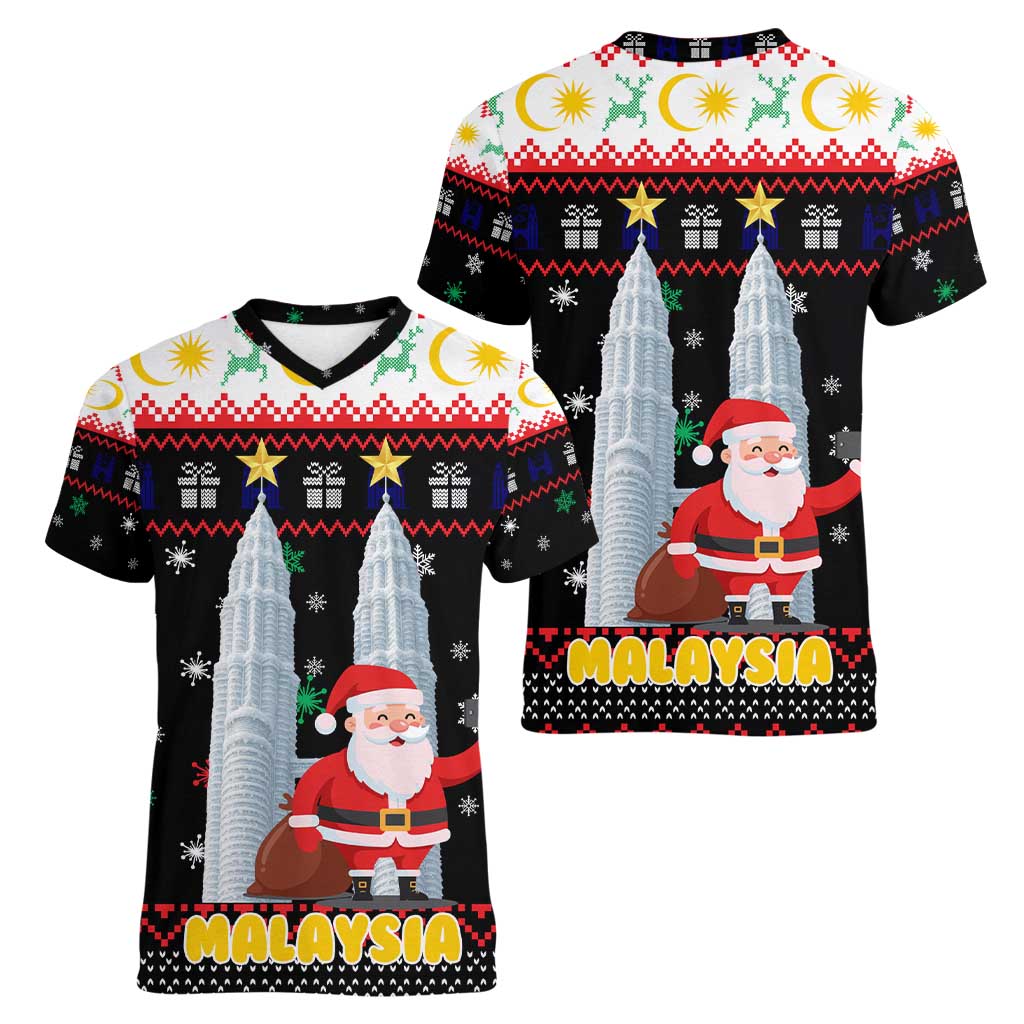 Malaysia Christmas Women V-Neck T-Shirt with Santa Claus Petronas Towers Snowflakes and Festive Icons - Wonder Print Shop