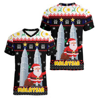 Malaysia Christmas Women V-Neck T-Shirt with Santa Claus Petronas Towers Snowflakes and Festive Icons - Wonder Print Shop