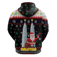 Malaysia Christmas Zip Hoodie with Santa Claus Petronas Towers Snowflakes and Festive Icons - Wonder Print Shop