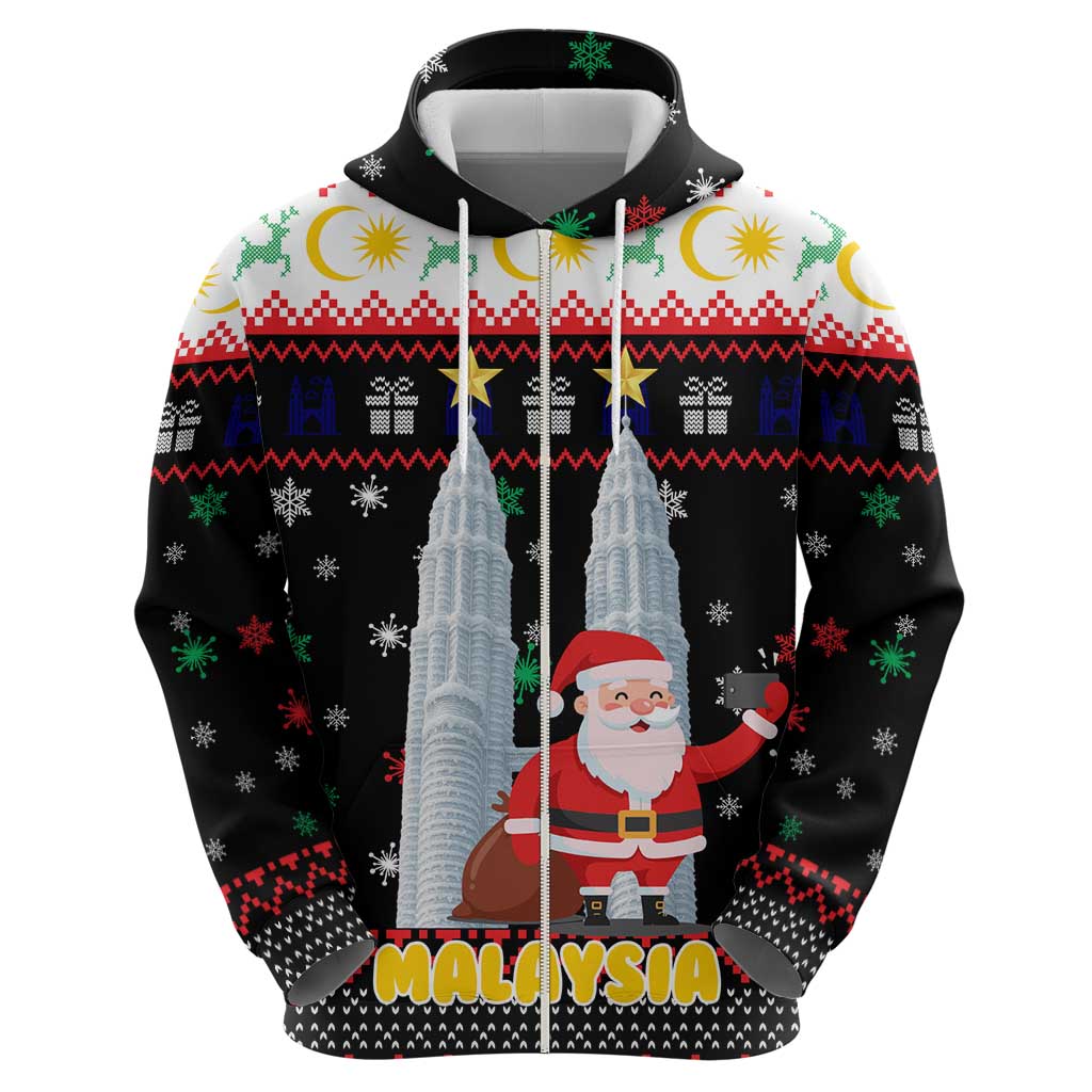 Malaysia Christmas Zip Hoodie with Santa Claus Petronas Towers Snowflakes and Festive Icons - Wonder Print Shop