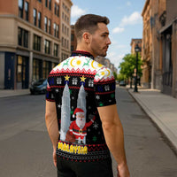Malaysia Christmas Zipper Polo Shirt with Santa Claus Petronas Towers Snowflakes and Festive Icons - Wonder Print Shop