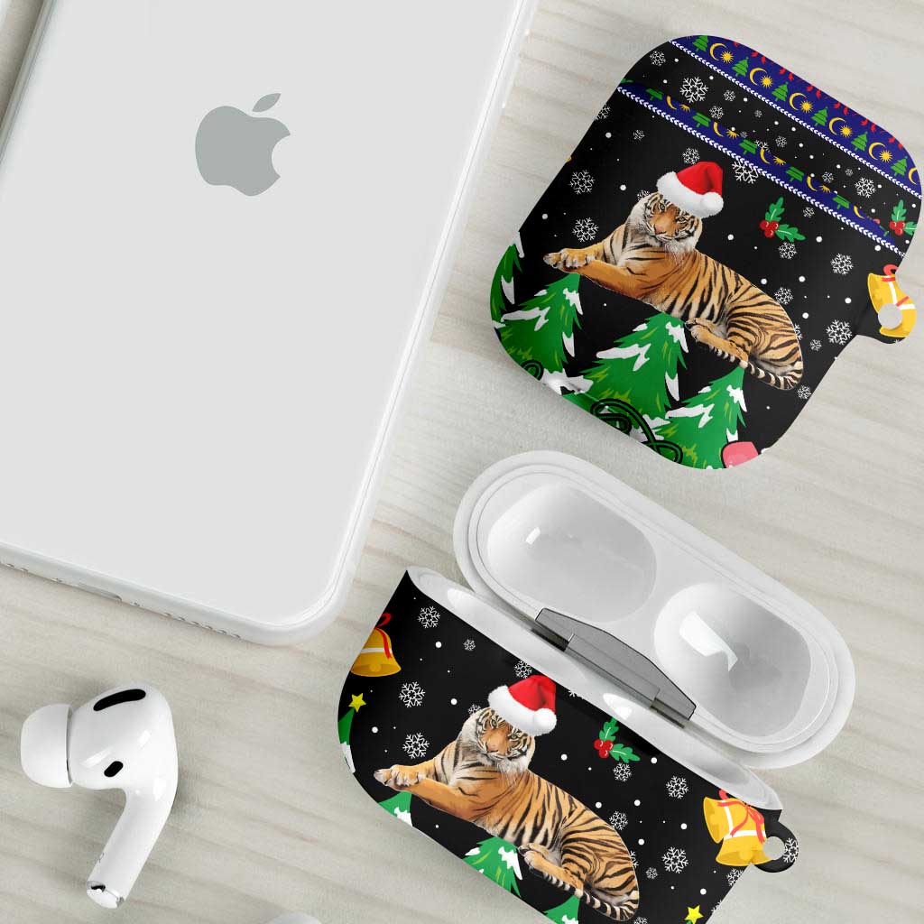 Malaysia Christmas AirPods Case with Tiger Santa Hat Snowflakes and Holiday Tree Pattern - Wonder Print Shop