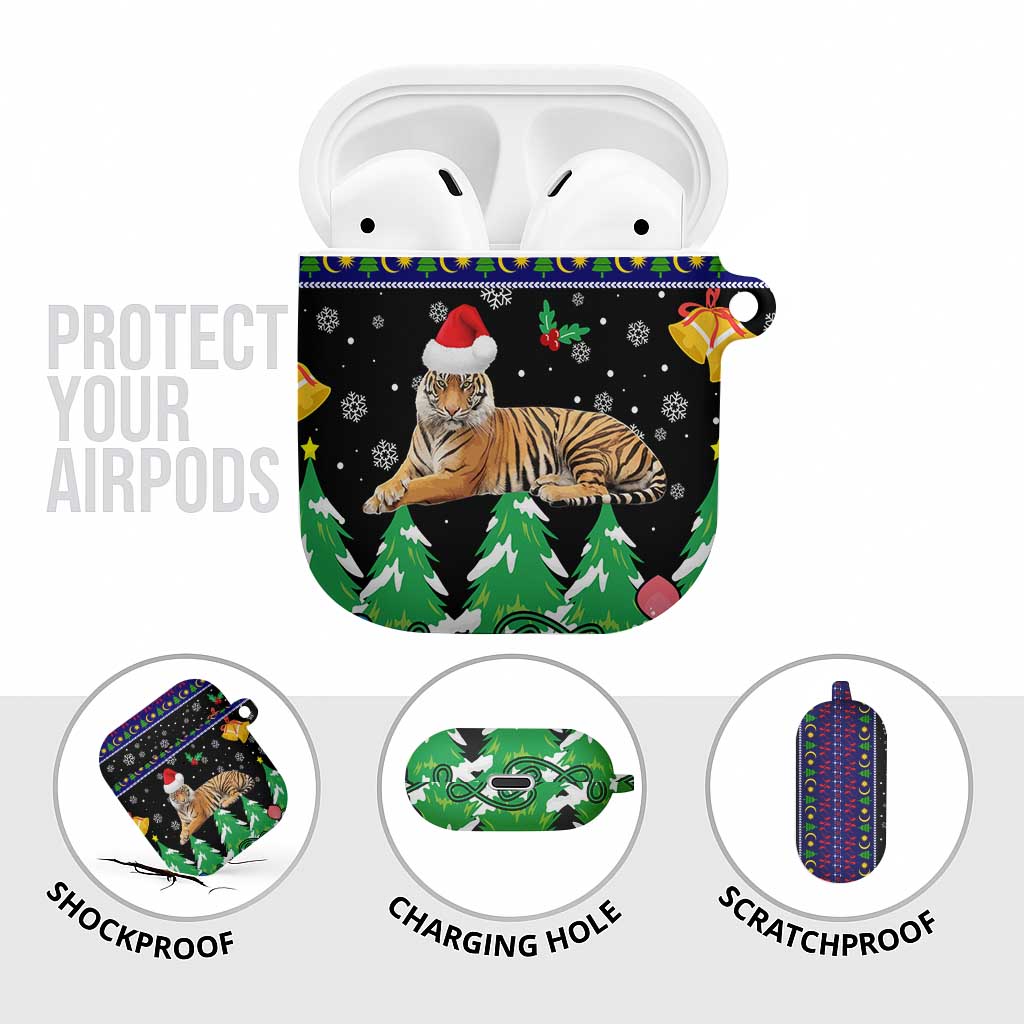 Malaysia Christmas AirPods Case with Tiger Santa Hat Snowflakes and Holiday Tree Pattern - Wonder Print Shop