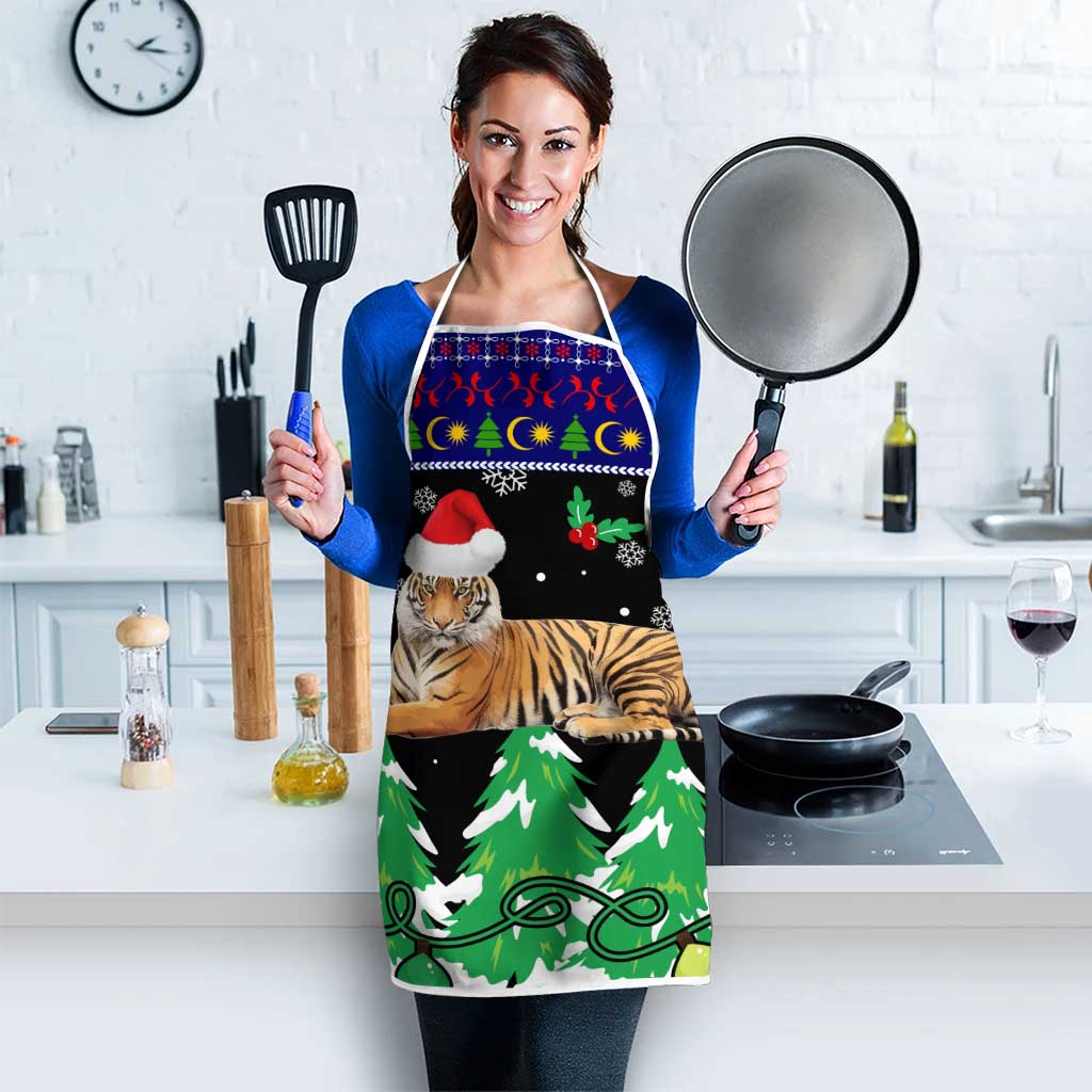 Malaysia Christmas Apron with Tiger Santa Hat Snowflakes and Holiday Tree Pattern - Wonder Print Shop