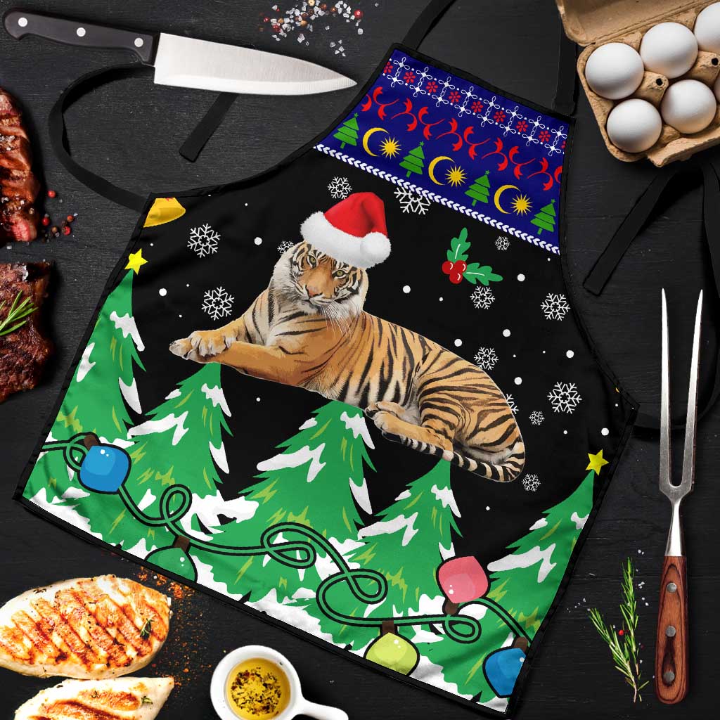 Malaysia Christmas Apron with Tiger Santa Hat Snowflakes and Holiday Tree Pattern - Wonder Print Shop