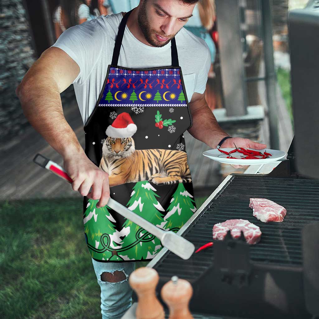 Malaysia Christmas Apron with Tiger Santa Hat Snowflakes and Holiday Tree Pattern - Wonder Print Shop