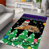 Malaysia Christmas Area Rug with Tiger Santa Hat Snowflakes and Holiday Tree Pattern - Wonder Print Shop