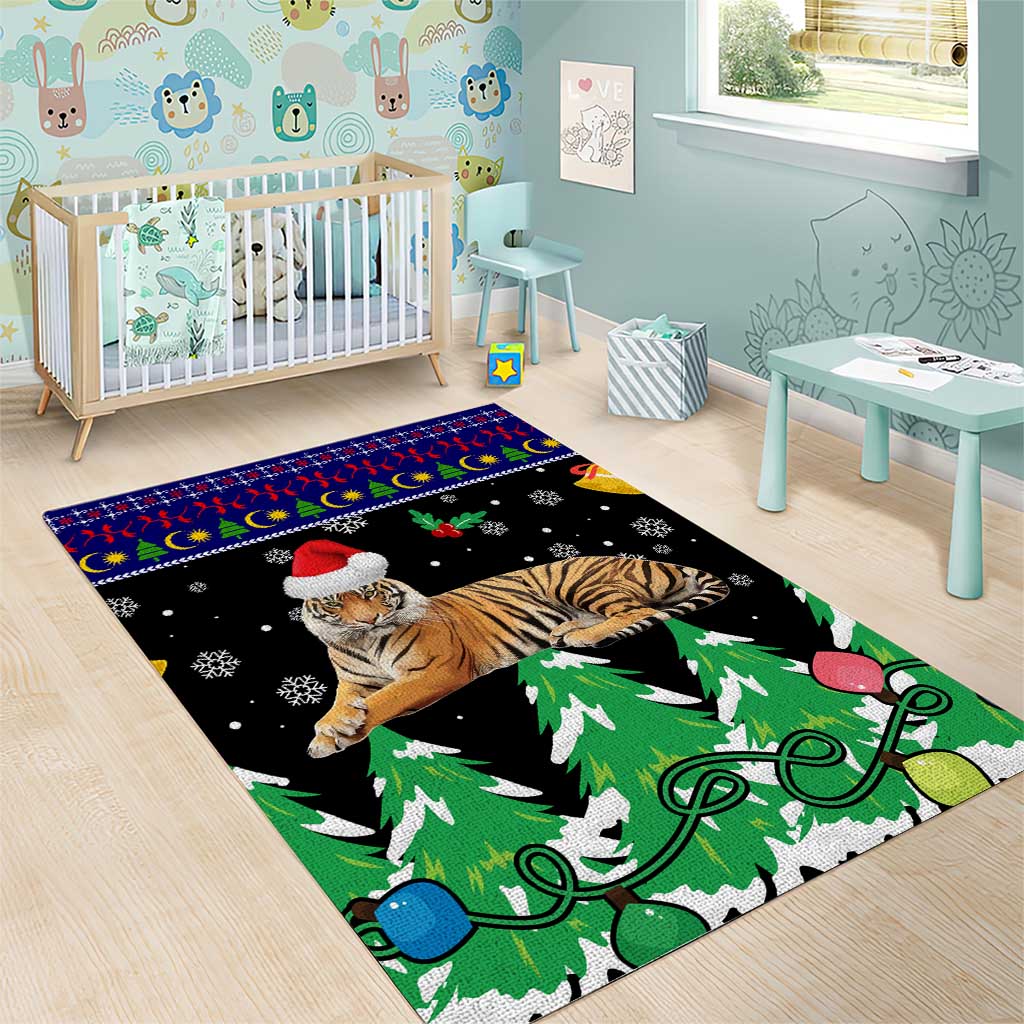 Malaysia Christmas Area Rug with Tiger Santa Hat Snowflakes and Holiday Tree Pattern - Wonder Print Shop