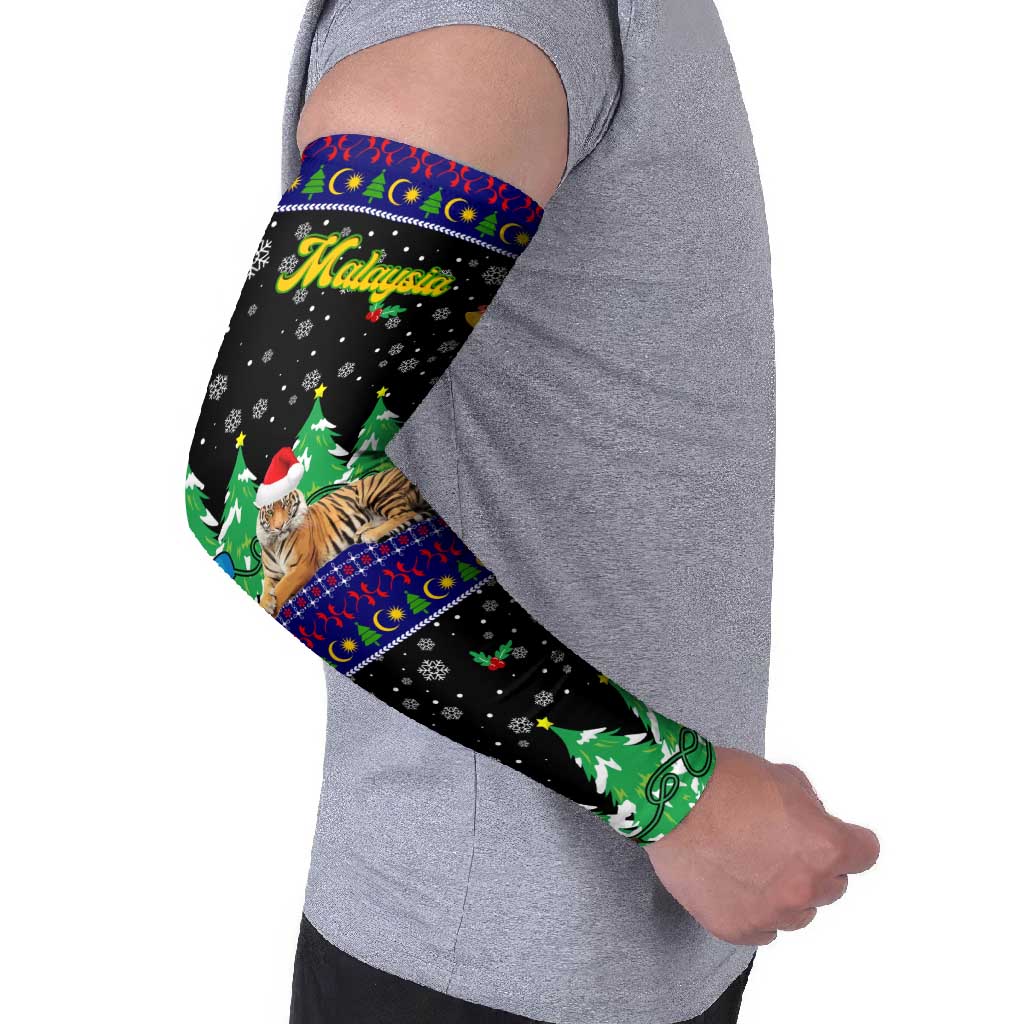 Malaysia Christmas Arm Sleeves with Tiger Santa Hat Snowflakes and Holiday Tree Pattern - Wonder Print Shop