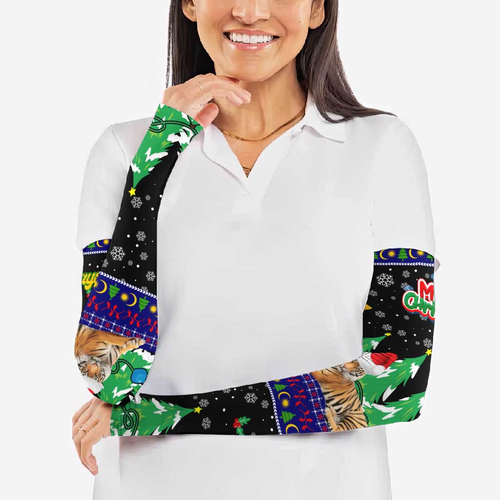 Malaysia Christmas Arm Sleeves with Tiger Santa Hat Snowflakes and Holiday Tree Pattern - Wonder Print Shop