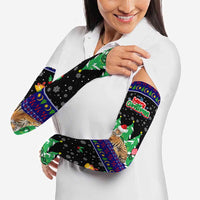Malaysia Christmas Arm Sleeves with Tiger Santa Hat Snowflakes and Holiday Tree Pattern - Wonder Print Shop