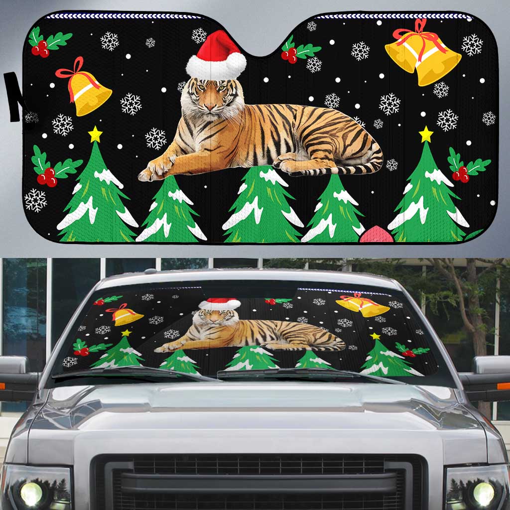 Malaysia Christmas Auto Sun Shade with Tiger Santa Hat Snowflakes and Holiday Tree Pattern - Wonder Print Shop