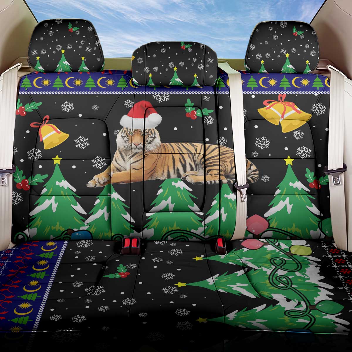 Malaysia Christmas Back Car Seat Cover with Tiger Santa Hat Snowflakes and Holiday Tree Pattern - Wonder Print Shop