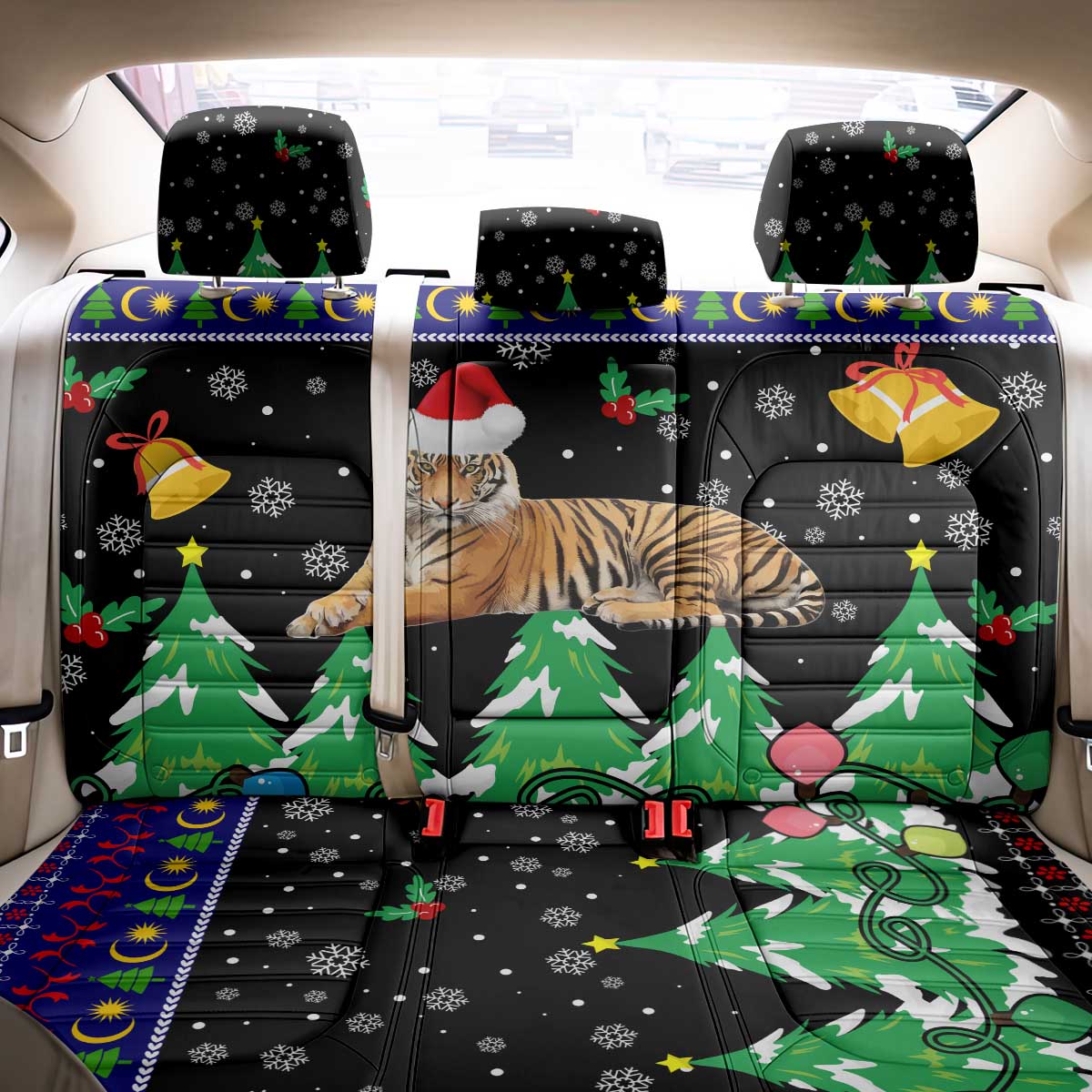 Malaysia Christmas Back Car Seat Cover with Tiger Santa Hat Snowflakes and Holiday Tree Pattern - Wonder Print Shop